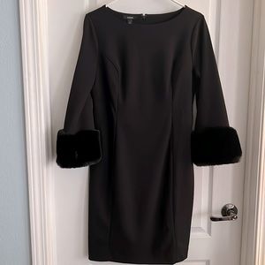 Alfani black midi dress with faux fur sleeves